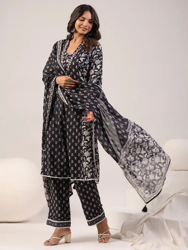 Purple and black casual printed cotton kurti set