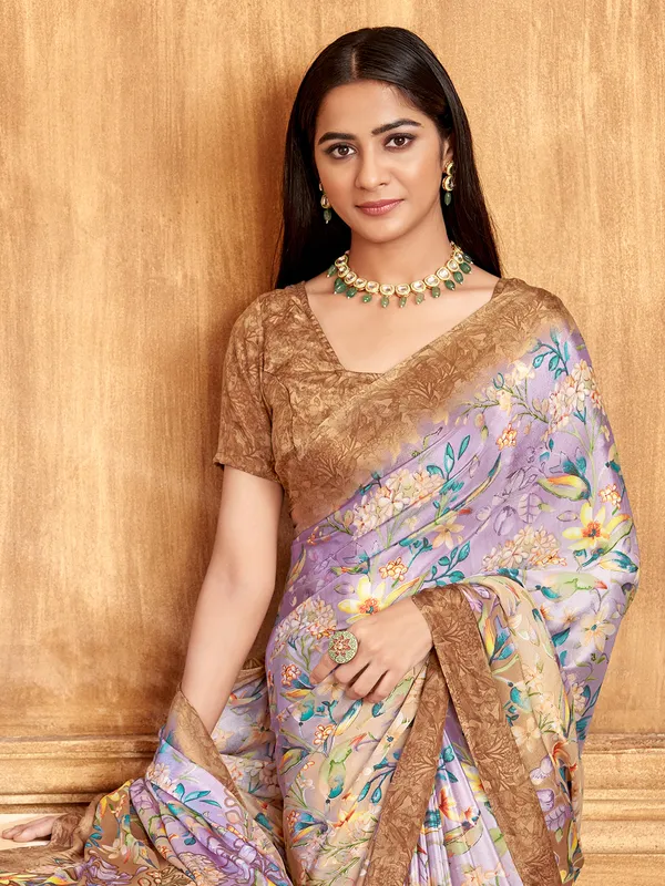 Purple crepe saree with brown blouse