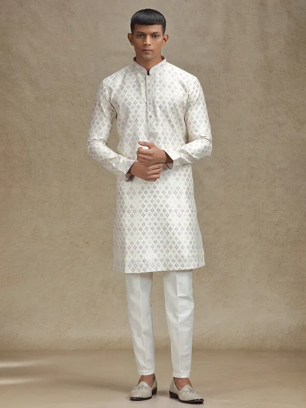 Purple and cream kurta pajama set in zari