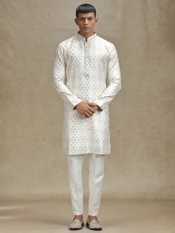 Purple and cream kurta pajama set in zari