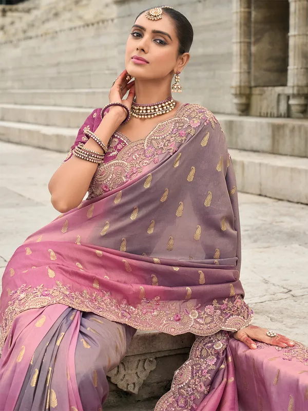 Purple and pink tissue silk printed saree
