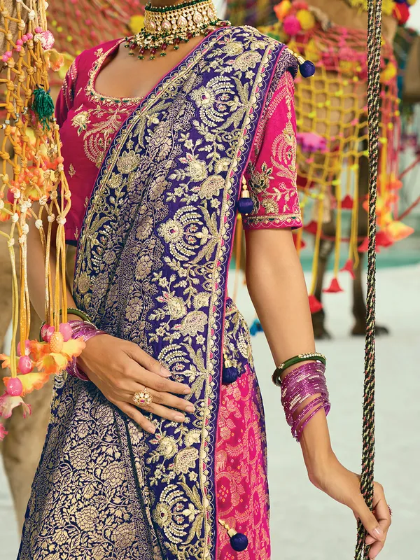 Purple and rani color bandhej georgette saree