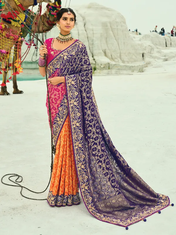 Purple and rani color bandhej georgette saree