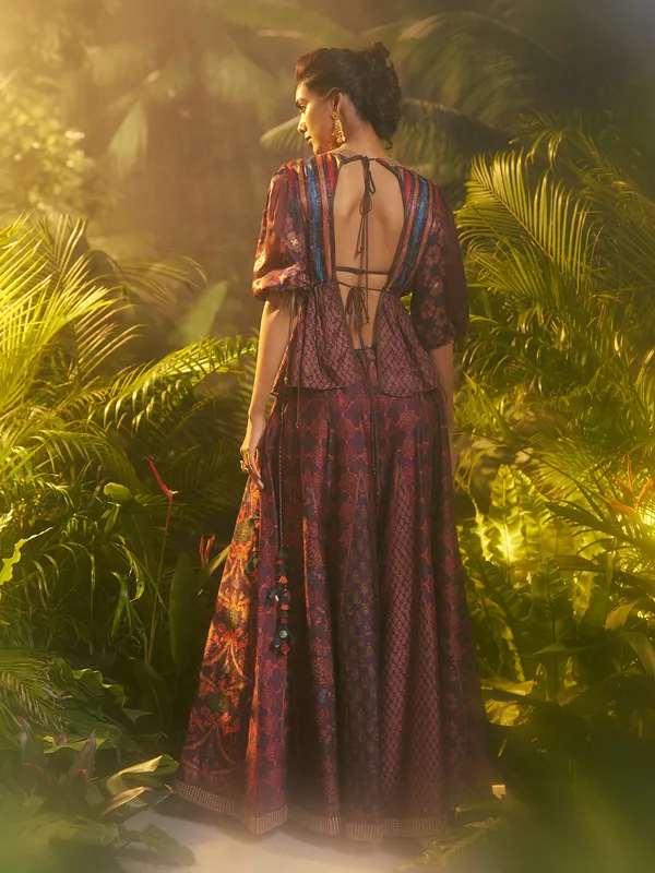 Purple and red silk palazzo suit with print