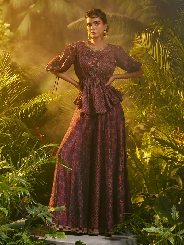 Purple and red silk palazzo suit with print