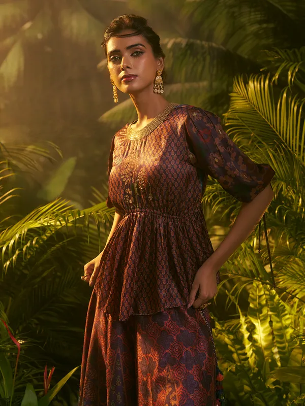 Purple and red silk palazzo suit with print