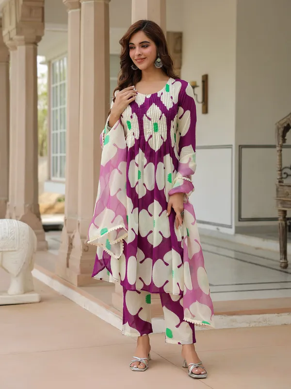 Purple and white cotton printed kurti set
