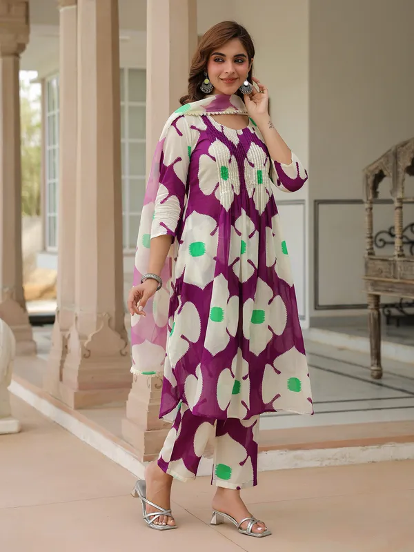 Purple and white cotton printed kurti set