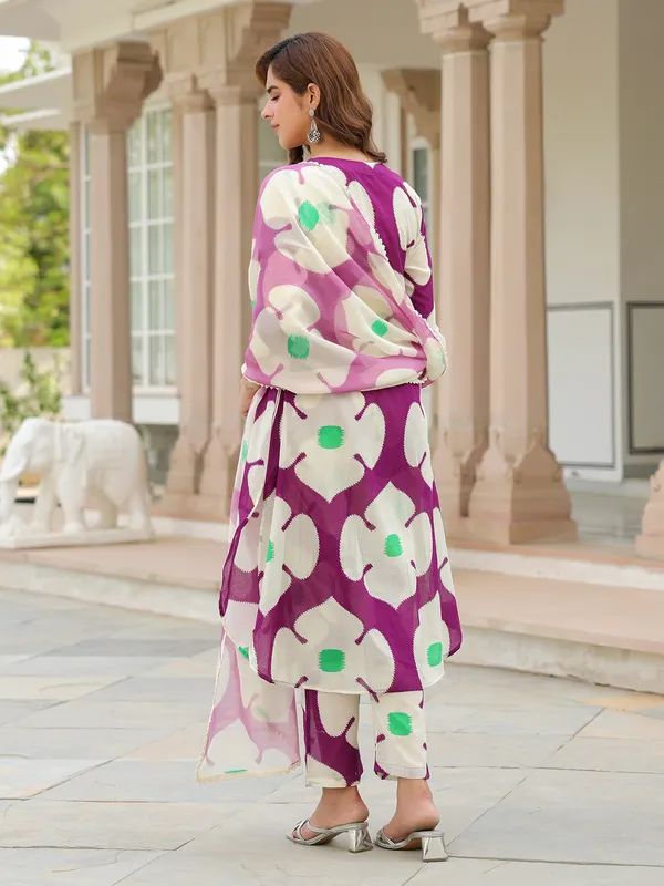 Purple and white cotton printed kurti set