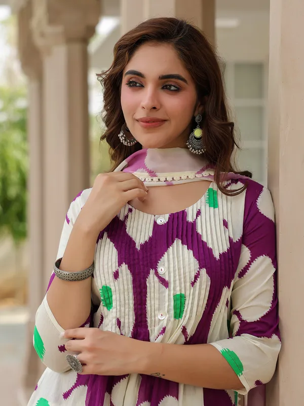 Purple and white cotton printed kurti set