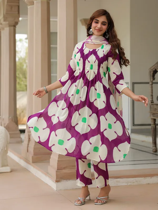 Purple and white cotton printed kurti set