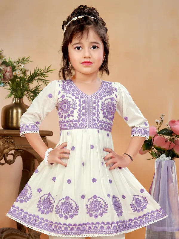 Purple and white cotton silk salwar suit with V neck