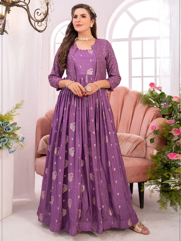 Purple banarasi silk jacket style anarkali suit