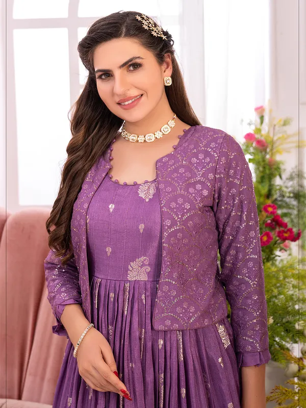 Purple banarasi silk jacket style anarkali suit