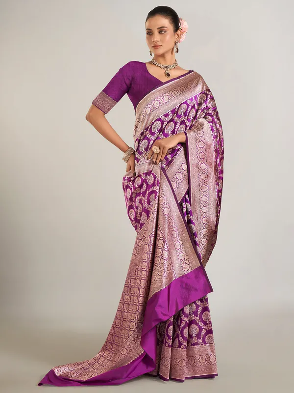 Purple banarasi silk saree for wedding wear