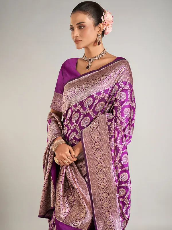 Purple banarasi silk saree for wedding wear