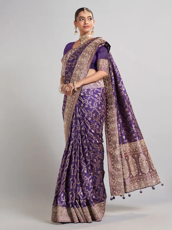 Purple banarasi silk saree with elegant thread and zari weaving