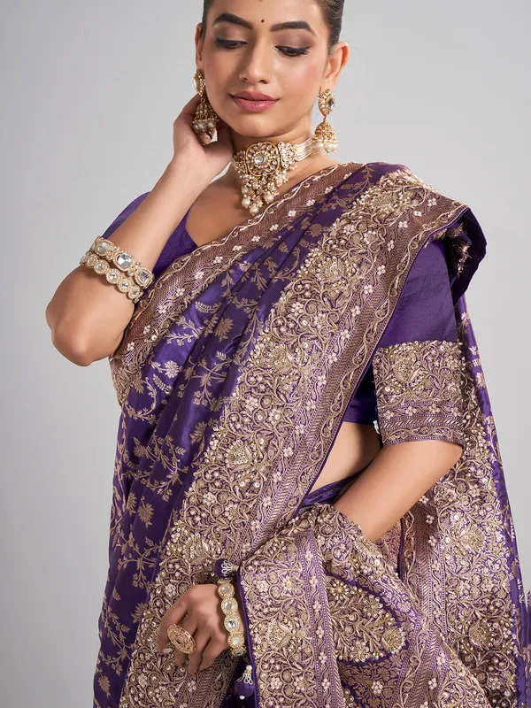 Purple banarasi silk saree with elegant thread and zari weaving