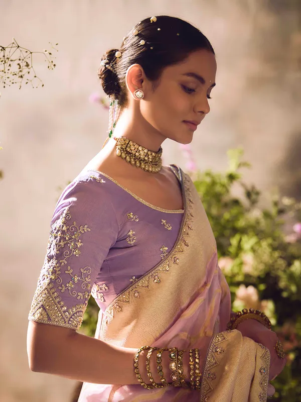 Purple banarasi tissue saree with festive embellishments