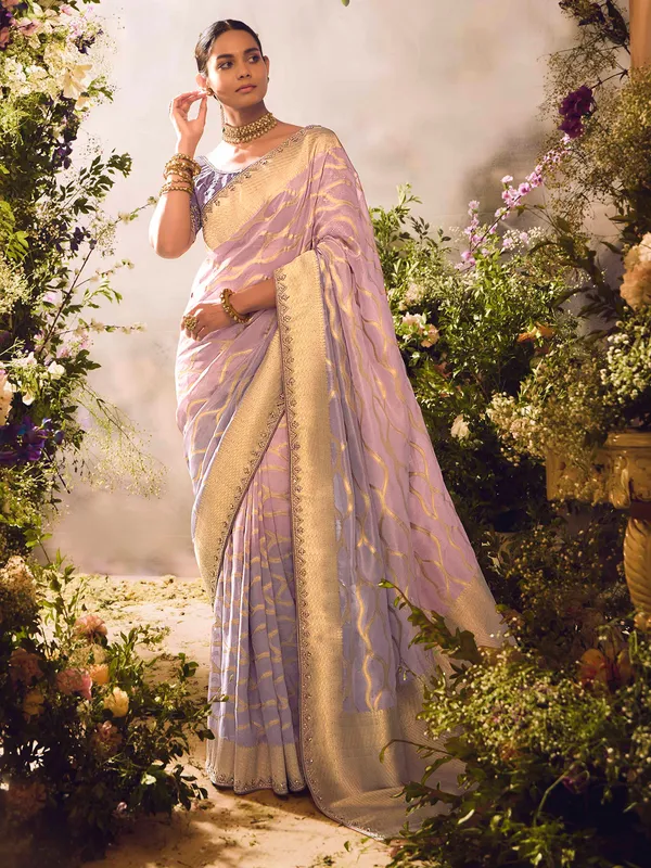 Purple banarasi tissue saree with festive embellishments