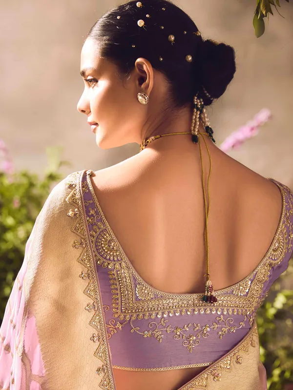 Purple banarasi tissue saree with festive embellishments
