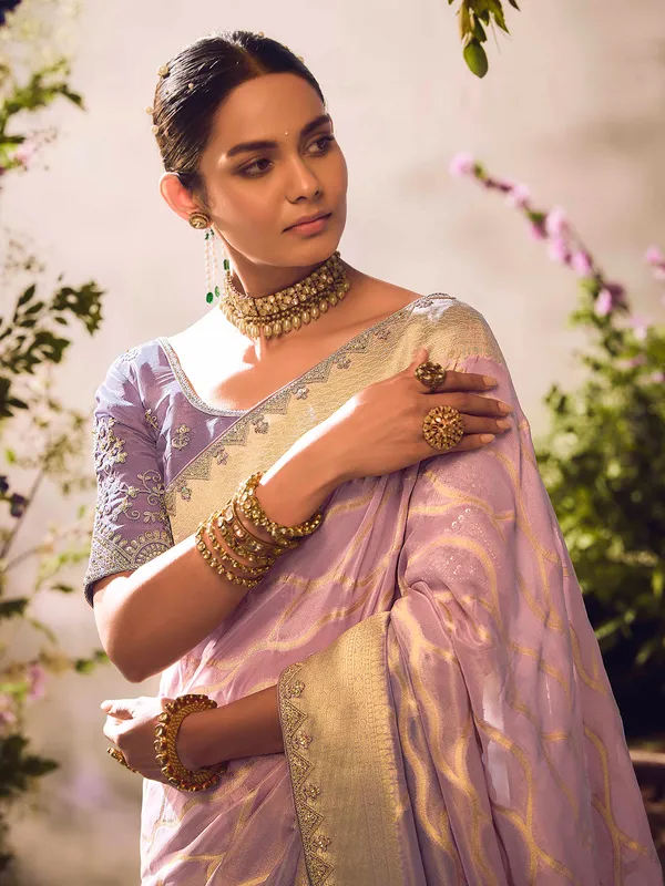 Purple banarasi tissue saree with festive embellishments