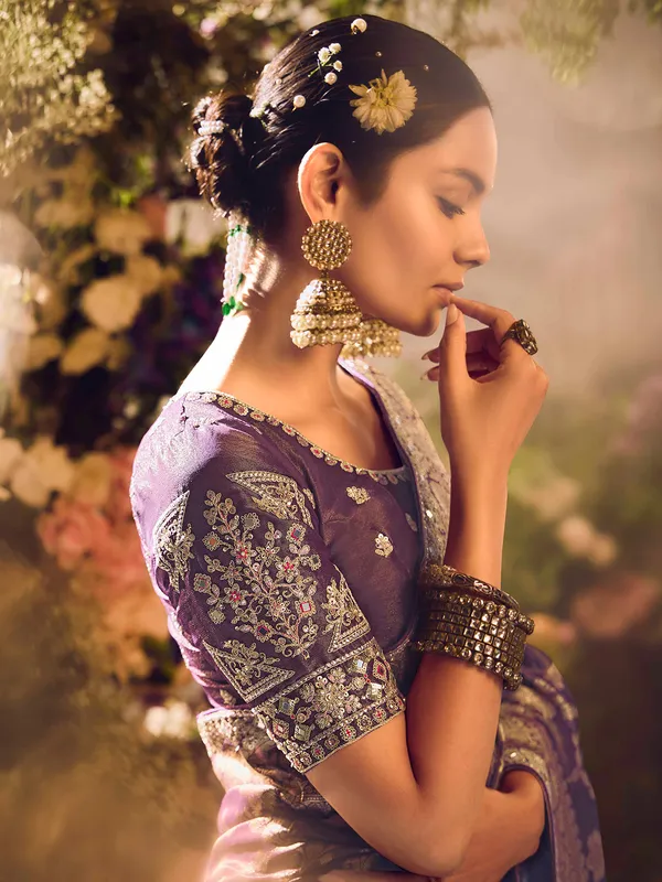 Purple banarasi tissue saree with zari zardosi detailing