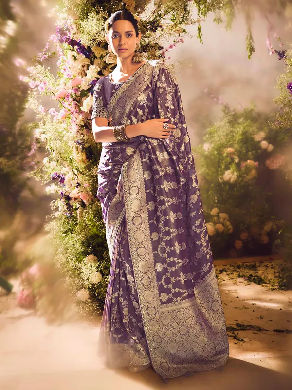 Purple banarasi tissue saree with zari zardosi detailing