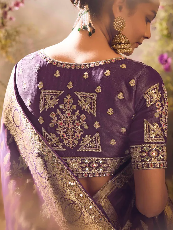 Purple banarasi tissue saree with zari zardosi detailing