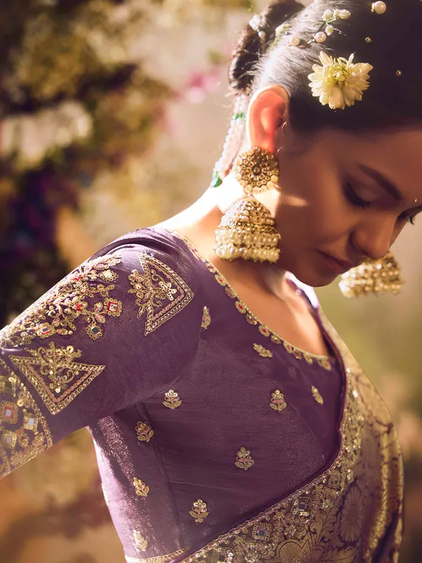 Purple banarasi tissue saree with zari zardosi detailing
