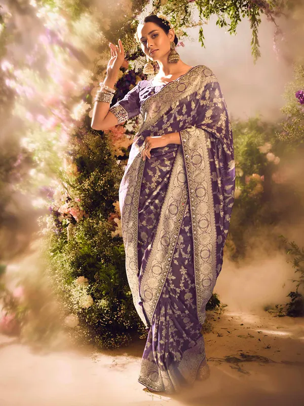 Purple banarasi tissue saree with zari zardosi detailing