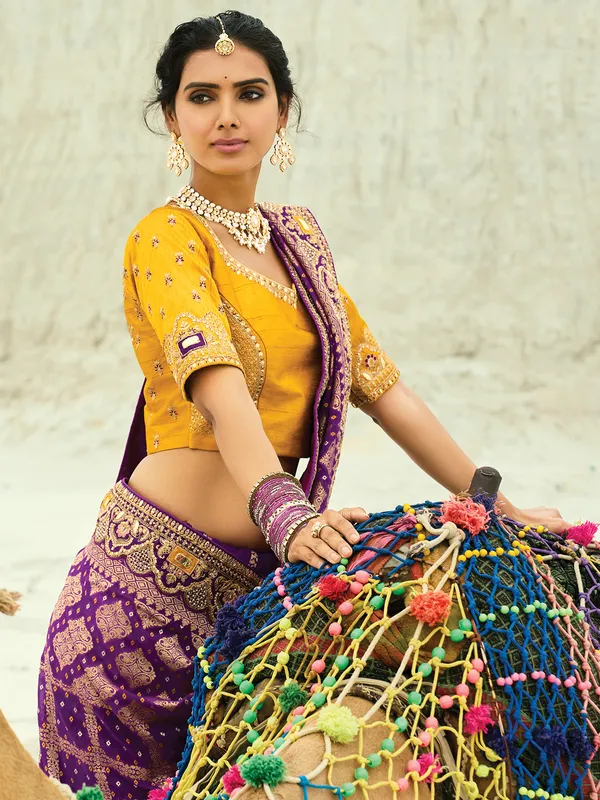 Purple bandhej georgette wedding saree