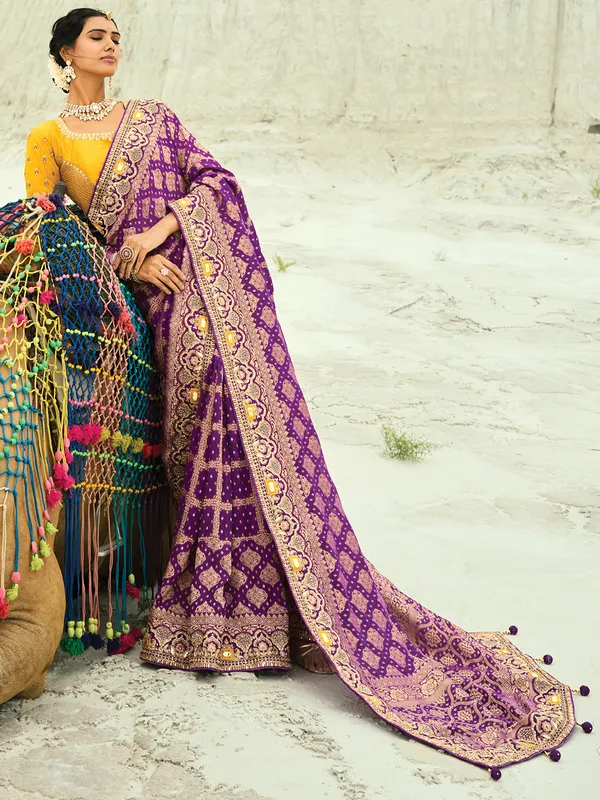 Purple bandhej georgette wedding saree