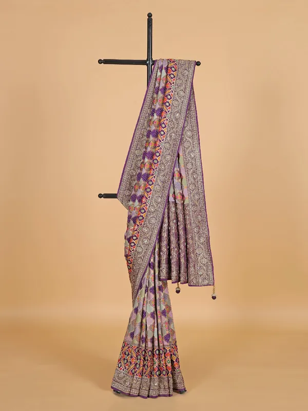 Purple bandhej print masru silk saree
