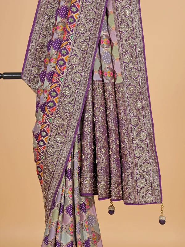 Purple bandhej print masru silk saree