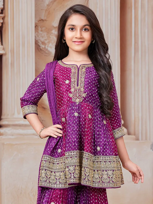 Purple bandhej printed sharara suit with cutdana and zardosi