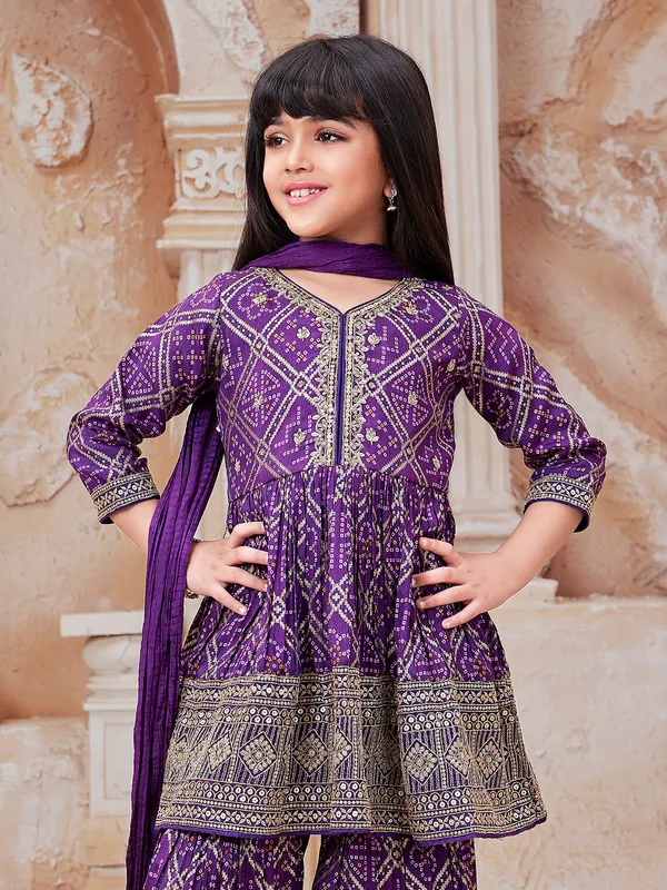 Purple bandhej printed silk sharara suit with dupatta