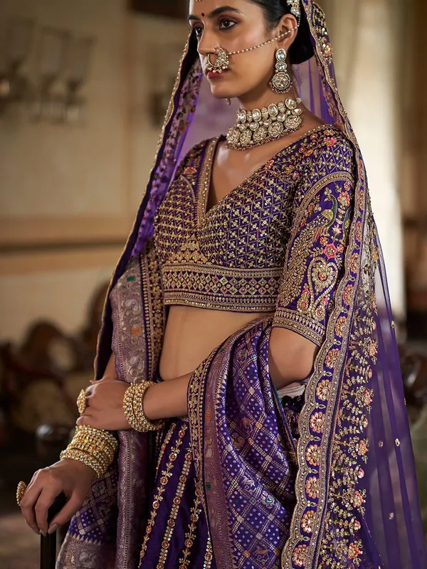 Purple bridal stitched lehenga choli with two dupatta