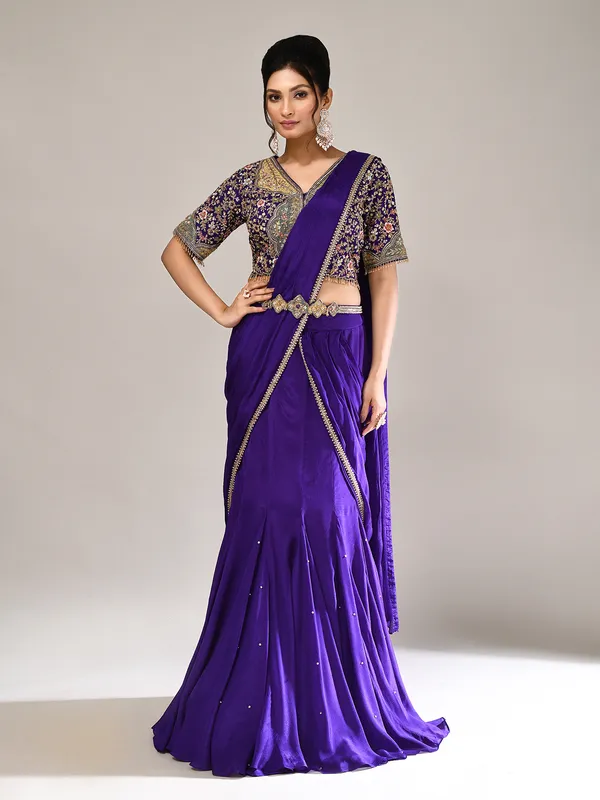 Purple chiffon georgette v neck lehenga choli