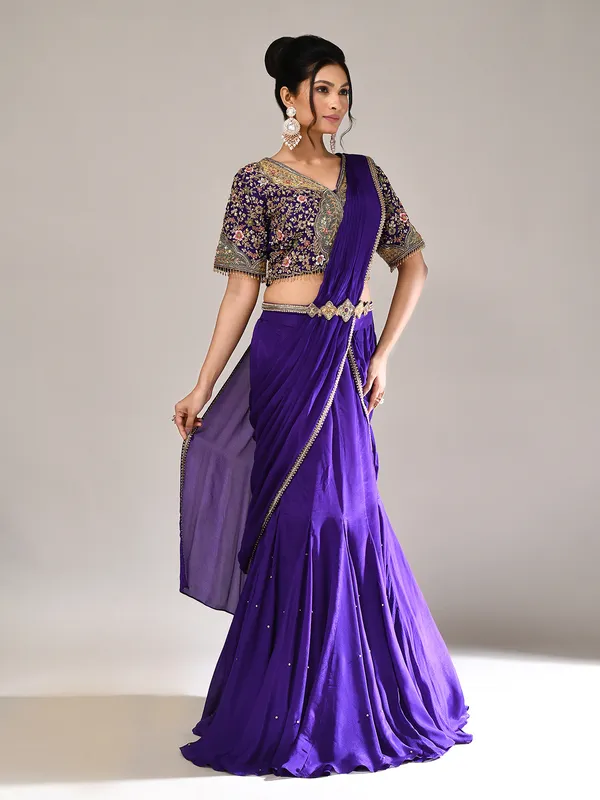 Purple chiffon georgette v neck lehenga choli