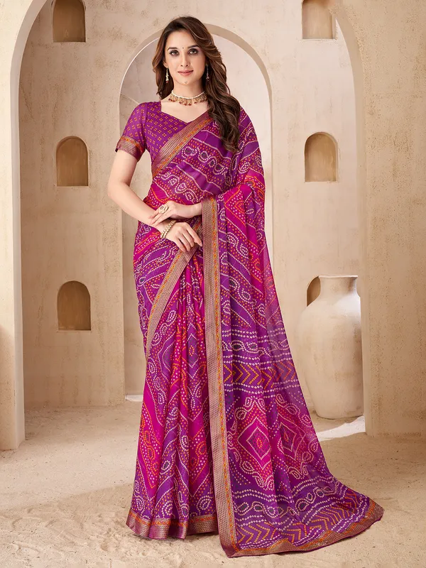 Purple chiffon saree in bandhani print