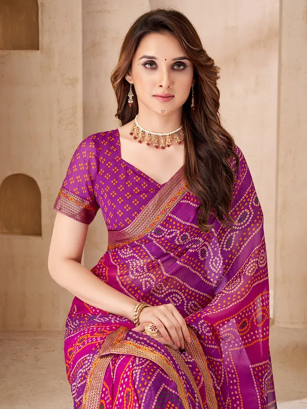 Purple chiffon saree in bandhani print