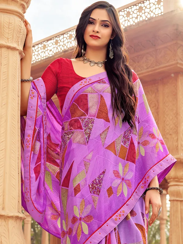 Purple chiffon saree in print