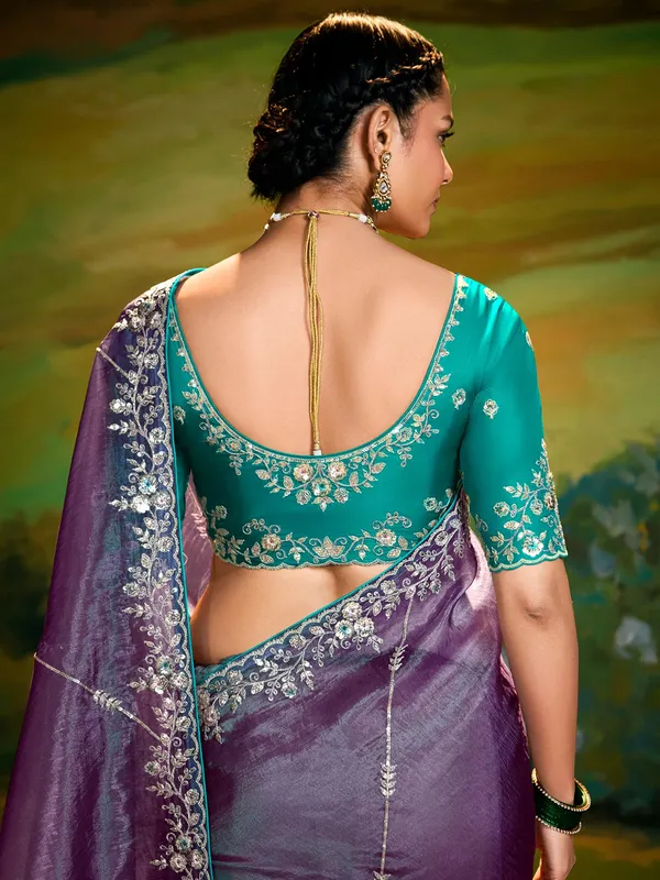 Purple chiffon saree with sequins work
