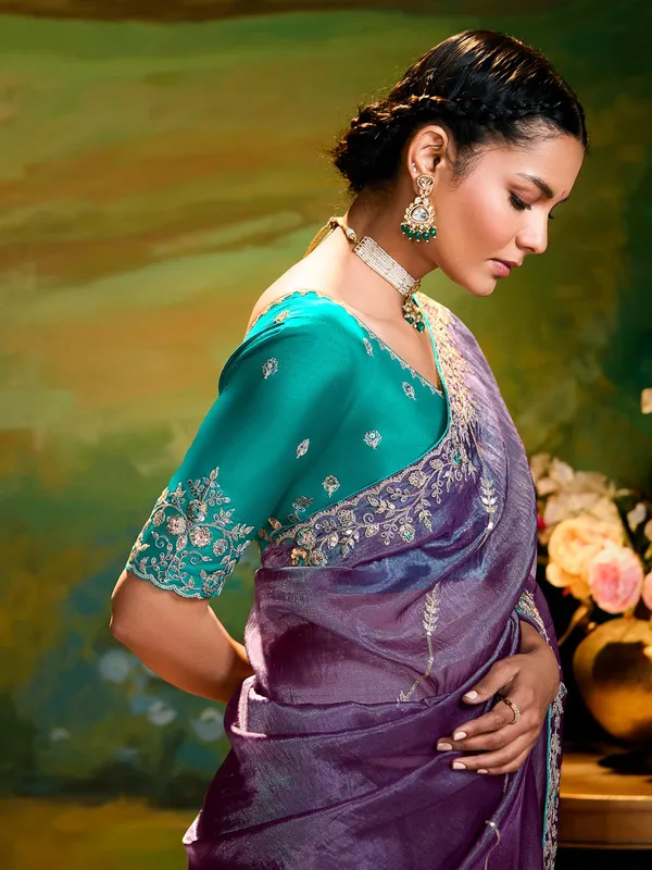 Purple chiffon saree with sequins work