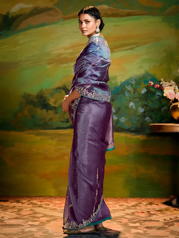 Purple chiffon saree with sequins work