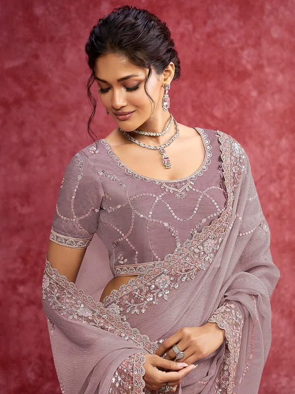 Purple chiffon saree with sequins work for elegant look