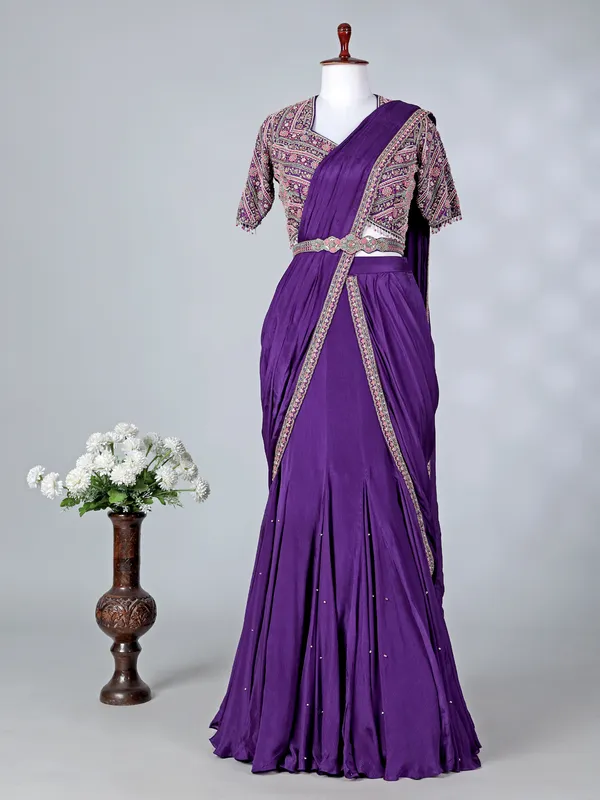Purple chiffon silk V neck designer lehenga choli