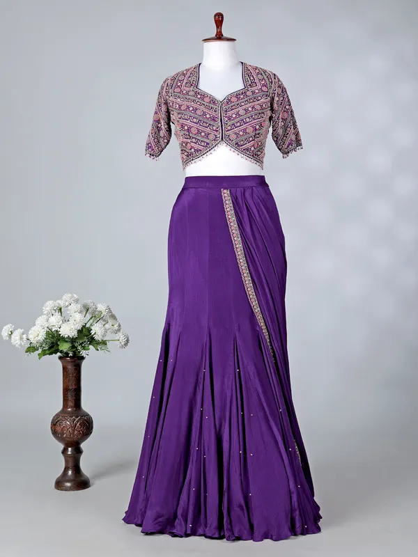 Purple chiffon silk V neck designer lehenga choli