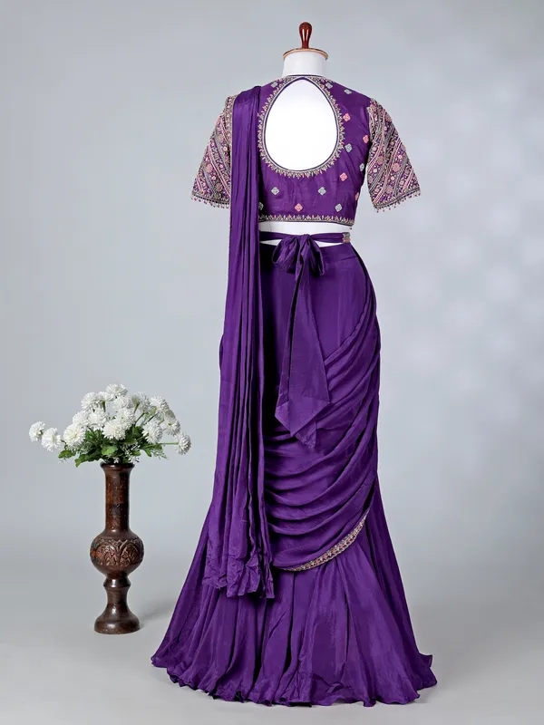 Purple chiffon silk V neck designer lehenga choli